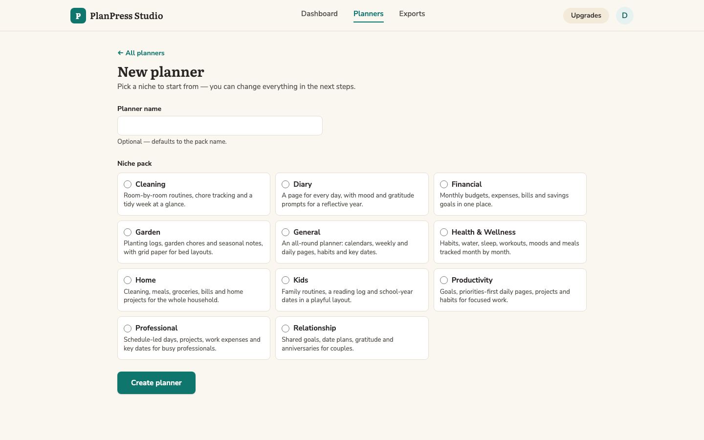 Choosing a niche pack when creating a new planner