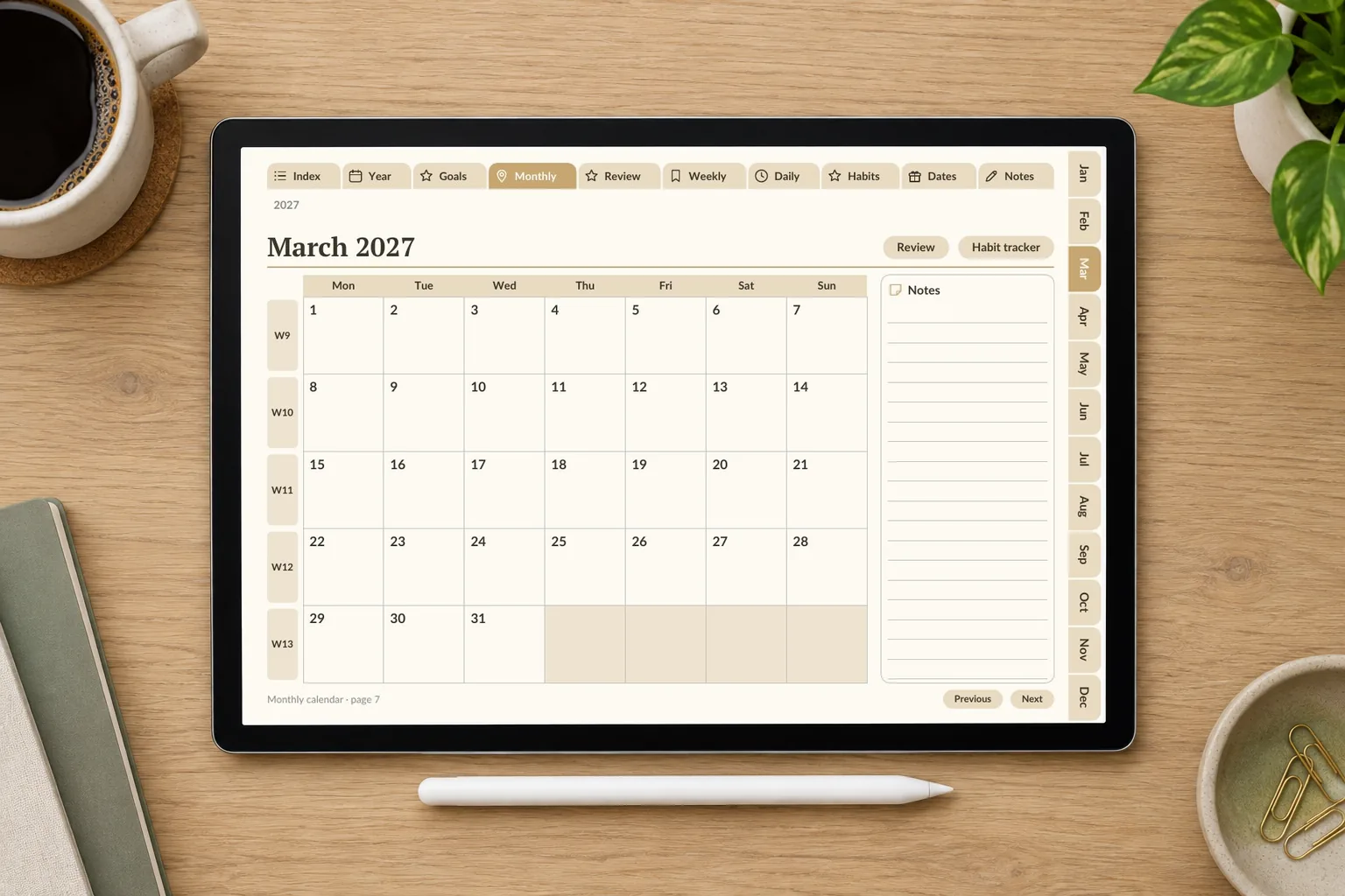 A generated March 2027 planner page shown on a tablet