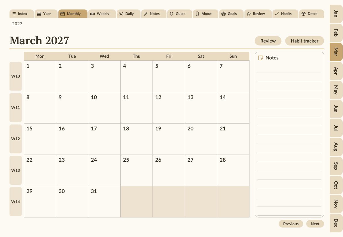 March 2027 monthly calendar page with clickable day cells and side tabs
