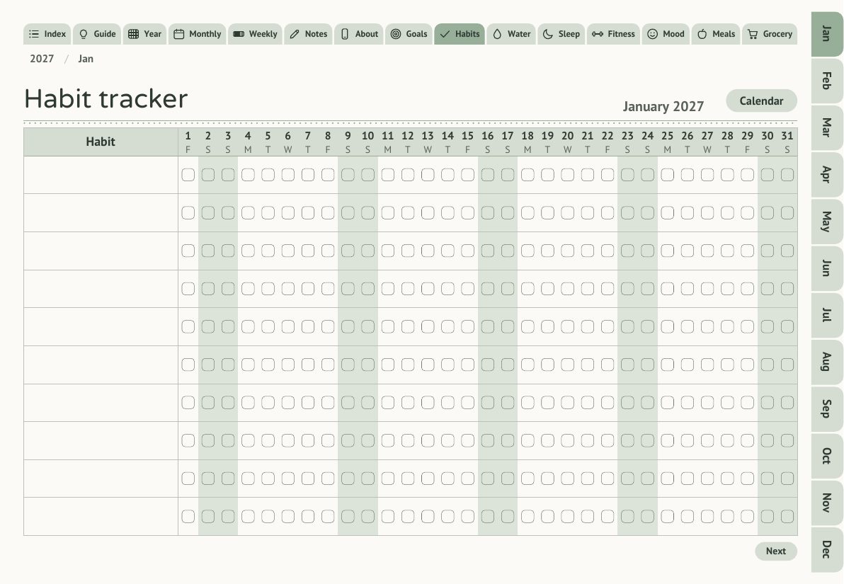 Habit tracker page from the Health and Wellness niche pack