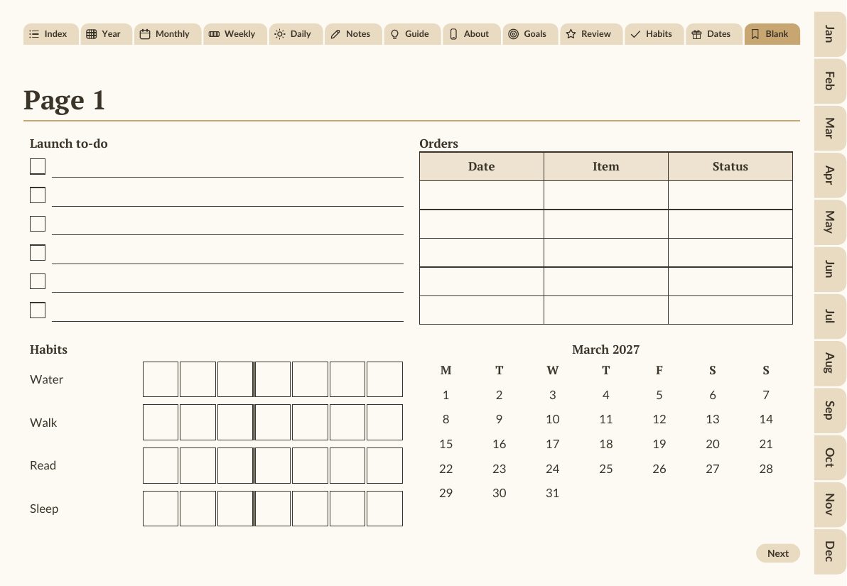 A Blank page of a generated planner with a checklist, a table, habit rows and a March 2027 mini calendar added in the editor
