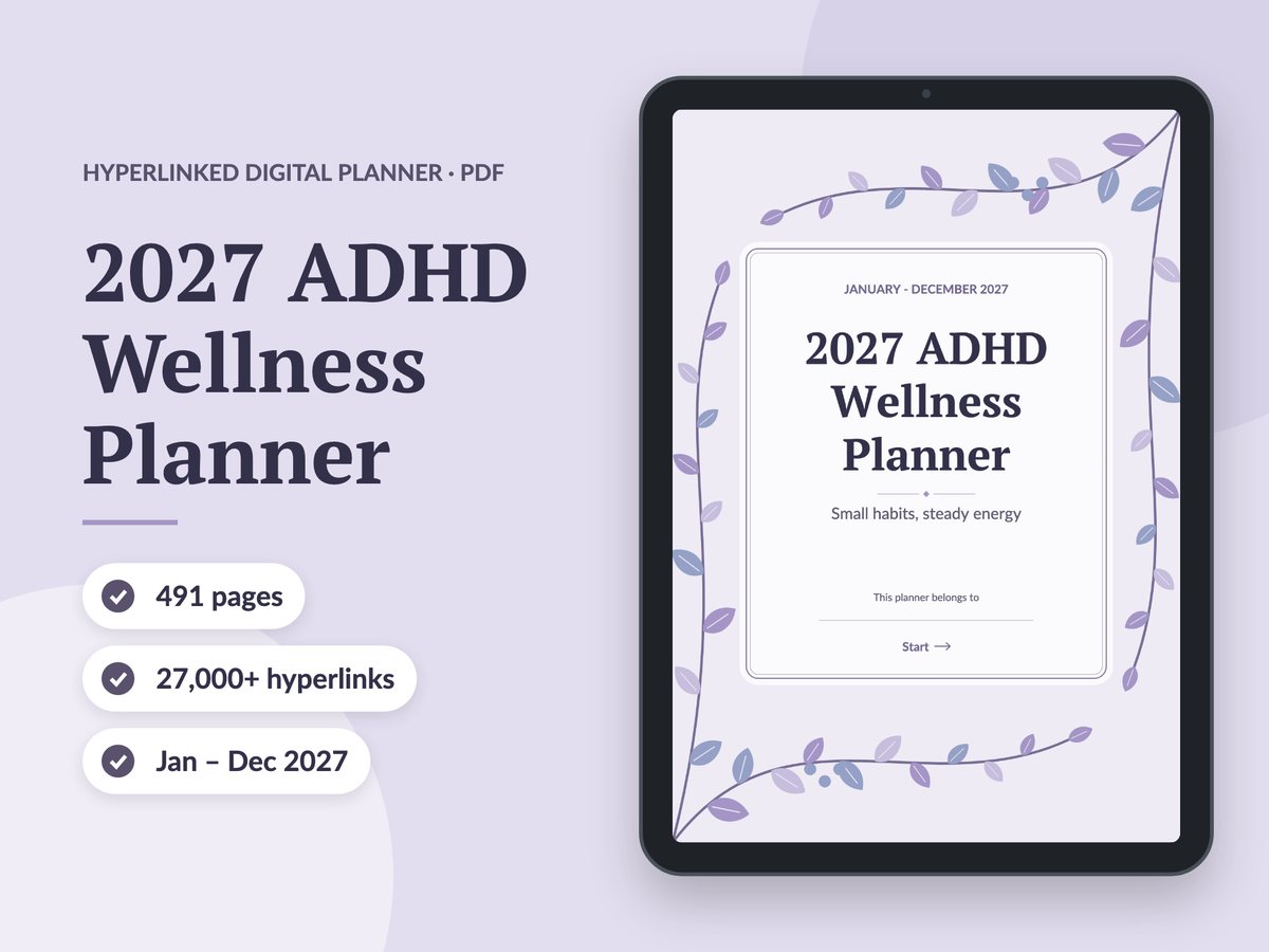 Listing feature image drawn by the app’s Etsy listing kit: an ADHD Wellness Planner cover on a tablet, with page count, link count and date range badges