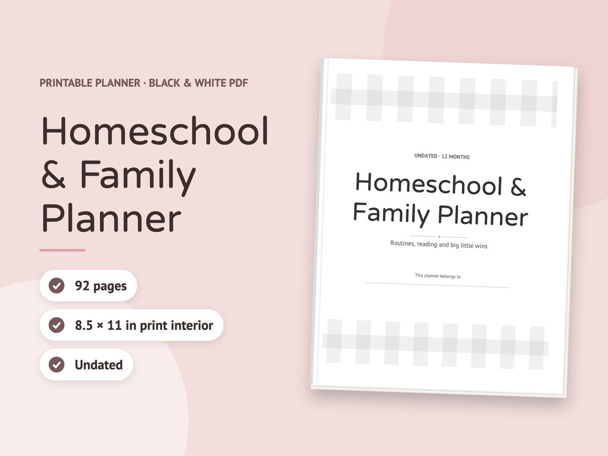 Listing feature image drawn by the app’s Etsy listing kit: a black and white Homeschool & Family Planner print interior, shown as a paper stack, with page count, trim size and undated badges
