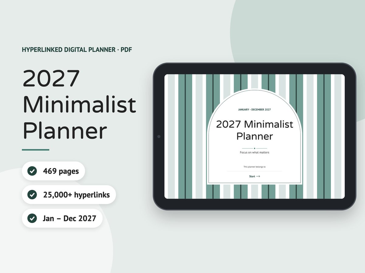 Listing feature image drawn by the app’s Etsy listing kit: a Minimalist Planner cover on a landscape tablet, with page count, link count and date range badges